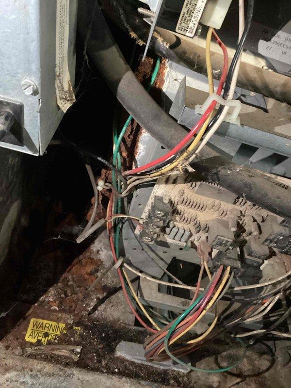 Responded to no heat complaint for LP furnace estimated to be 18-20 years old. Upon inspection, found significant corrosion on control board connections and heat exchanger showing advanced deterioration with rust damage. System is beyond economical repair due to age and critical component failure; replacement recommended.