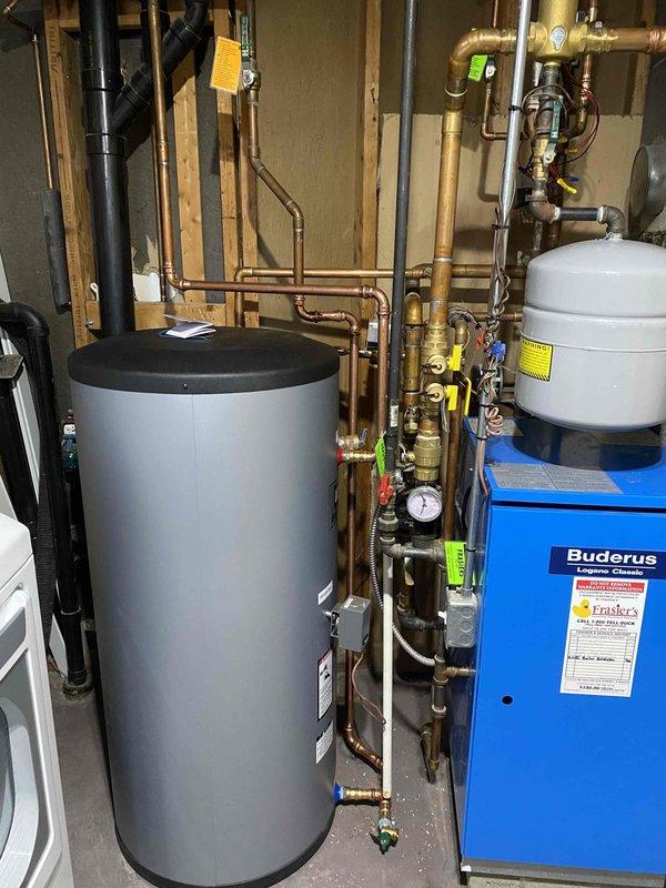 Successfully replaced the existing indirect water heater with a new 40-gallon IBC tank per authorized estimate. Installed a new poptop zone valve assembly for the bedroom zone and male relief valve. Completed system maintenance by flushing each heating zone and refilling with water to ensure proper operation.
