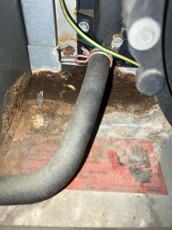 Responded to emergency service call for 10+ year old heating system exhibiting squeaking/rattling noises from blower motor and burning smell. Inspection revealed significant corrosion and rust accumulation at mechanical connections, with visible wear on insulated components and deteriorated electrical connections. Replaced faulty blower motor assembly to resolve the issue and restore proper system operation.