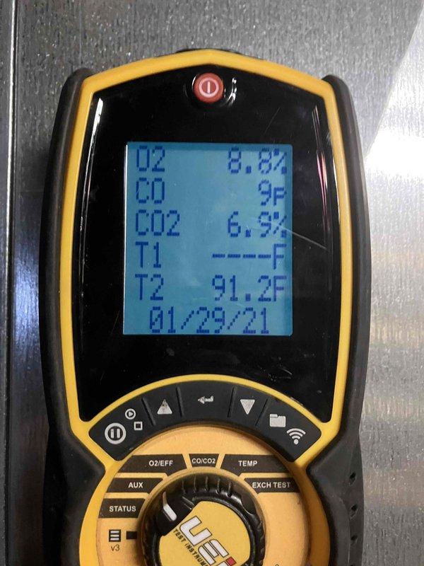 Completed annual inspection on 5-year-old furnace. Diagnostic testing revealed normal combustion readings (O2: 8.8%, CO: 9PPM, CO2: 6.3%) but identified flame sensor requiring replacement. Provided customer with replacement estimate.