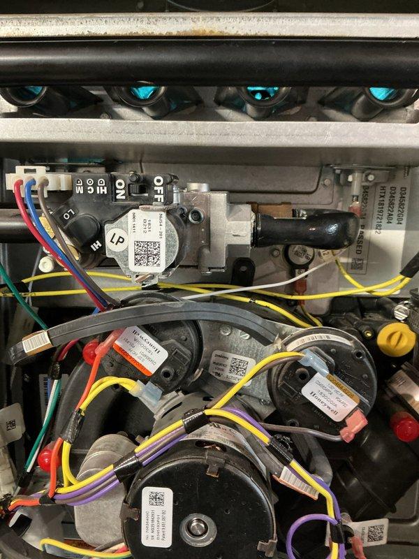 Completed burner service by replacing a faulty flame sensor (SEN02662) and installing a new 1/2" ID inshot burner (BNR01233) on residential HVAC system. Visual inspection confirmed proper installation of all components with system functioning correctly after repair.