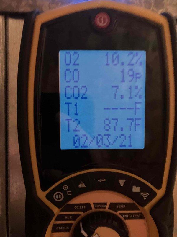 Performed annual heat inspection on 9-year-old Amana system under Partner Plan. Conducted combustion analysis with diagnostic tool, measuring oxygen (10.2%), carbon monoxide (19F), carbon dioxide (7.1%), and system temperature (87.7°F). Inspected electrical connections and wiring to ensure proper operation.