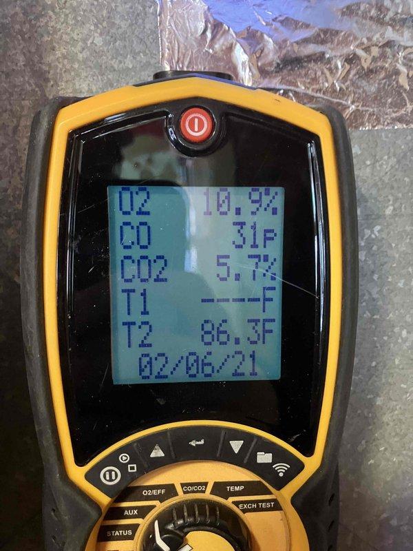 Performed annual inspection on 4+ year old furnace. Inspected blower wheel assembly for proper operation and conducted combustion analysis with readings of O2 10.9%, CO 31ppm, CO2 5.7%, and stack temperature 86.3°F, all within acceptable parameters.