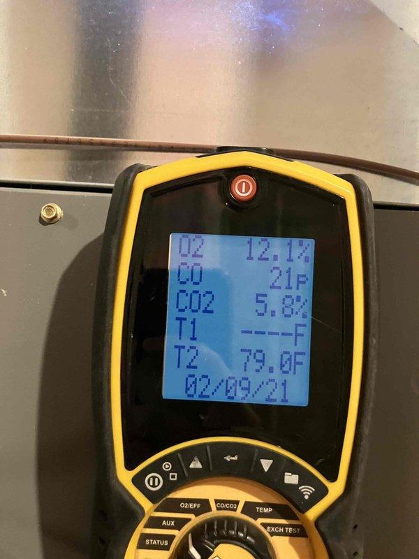 Performed prepaid annual maintenance on furnace as part of multi-system service package. Conducted combustion analysis with readings showing O2 at 12.1%, CO at 21P, and CO2 at 9.8%. Inspected blower wheel assembly and confirmed proper operation.
