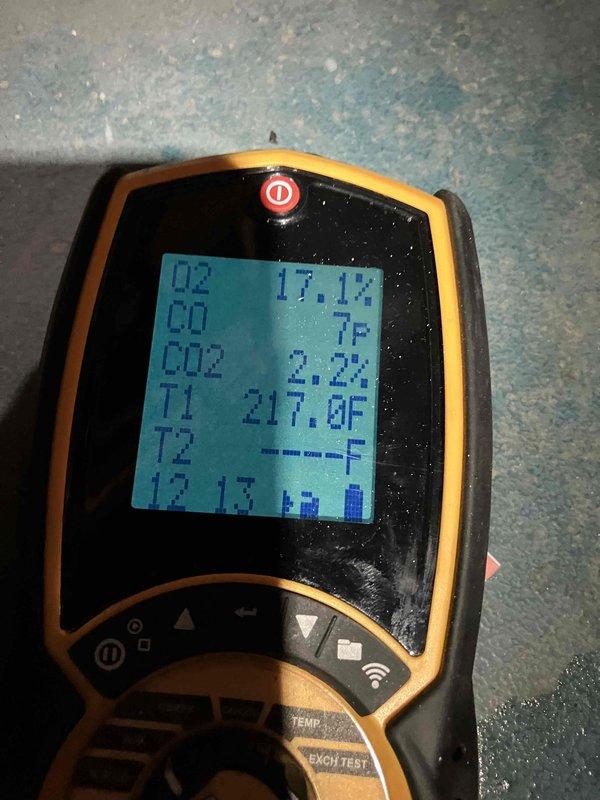 Performed annual maintenance on an older Utica boiler (est. 1993). Conducted comprehensive inspection including system pressure/temperature verification and combustion analysis. Testing showed 17.1% O2, 2.2% CO2, and operating temperature of 217°F, indicating the unit is functioning within acceptable parameters despite its age.