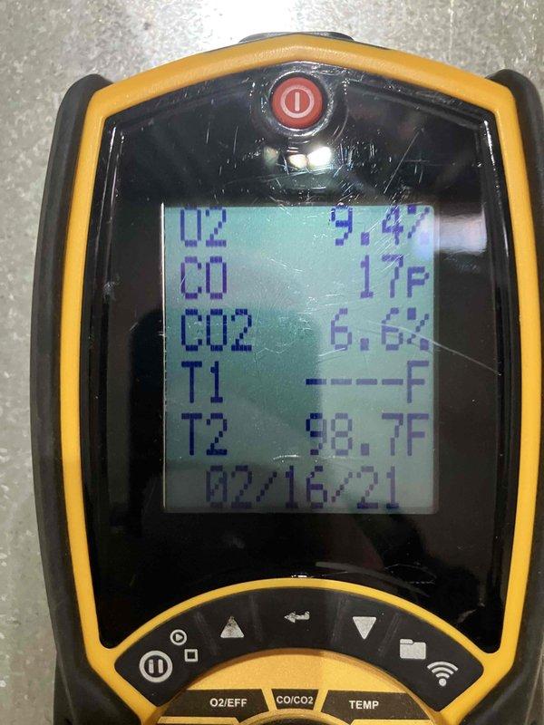 Responded to no-heat call for 5-year-old Heil natural gas furnace. Diagnosed issue as restricted airflow due to heavily soiled air filter. Performed combustion analysis with readings of O2 9.4%, CO 17ppm, CO2 6.6%, and stack temperature 98.7°F. Replaced dirty filter, restored proper airflow, and verified system operation.