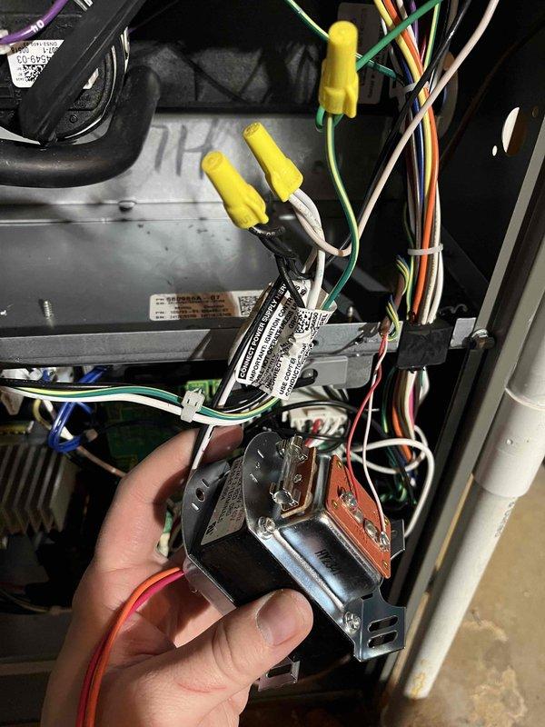 Completed warranty service to replace malfunctioning Zone 2 damper and installed vibration reduction pad under transformer to address noise issues. Documented existing wiring configuration and control panel connections before performing replacement. System functioning properly after repairs.