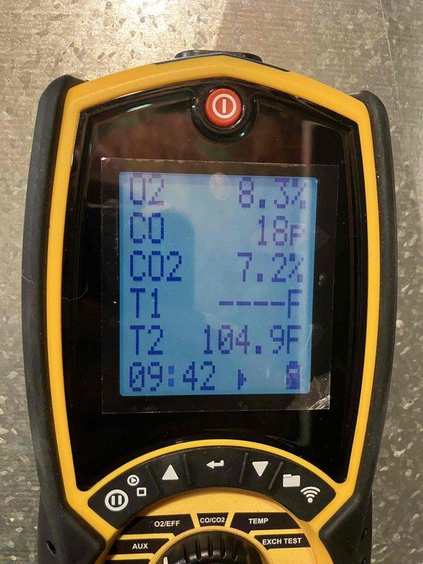Completed annual preventative maintenance on furnace. Performed combustion analysis with readings of O2: 8.5%, CO: 18F, CO2: 7.2%, and stack temperature of 104.9°F. Inspected blower wheel assembly and confirmed proper operation.