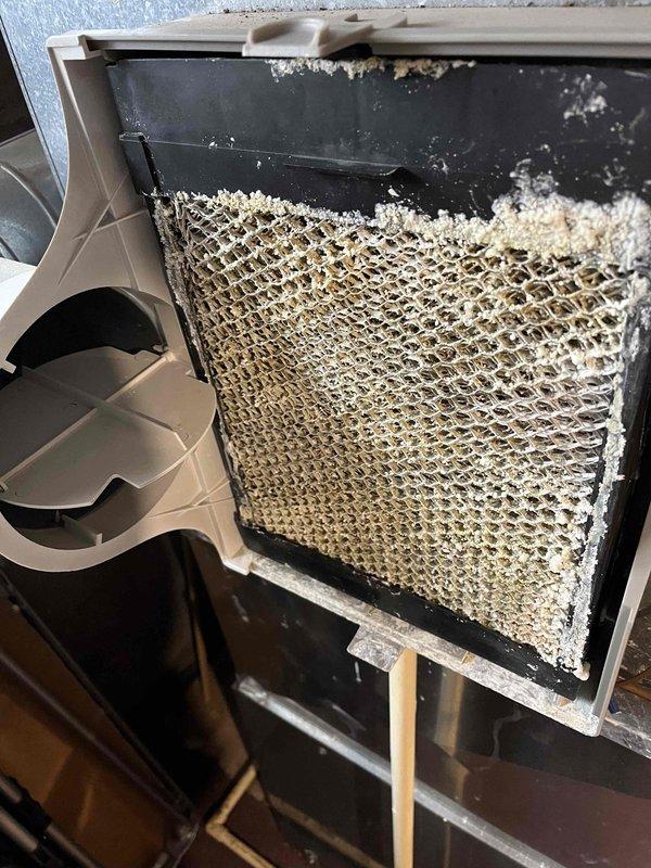Performed annual furnace maintenance as part of scheduled tune-up service. Identified significant igniter corrosion on the metal assembly and substantial mineral buildup on the humidifier pad/filter element. Both degraded components were replaced to restore proper system operation and efficiency.
