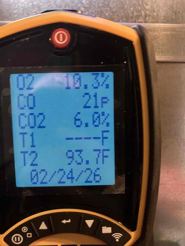 Performed annual furnace inspection and tune-up service, including combustion analysis with readings of O2 at 10.3%, CO at 21P, and CO2 at 6.0%. Inspected blower wheel assembly and motor connections, confirming proper operation with no visible issues detected.