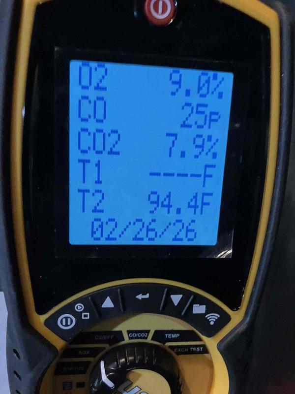 Performed annual tune-up service on garage furnace including inspection of blower assembly and fan wheel components. Conducted combustion analysis with diagnostic tool showing normal readings (O2: 9.0%, CO: 25ppm, CO2: 7.9%, T2: 94.4°F). Also inspected humidifier and dehumidifier systems as requested, with no issues identified.