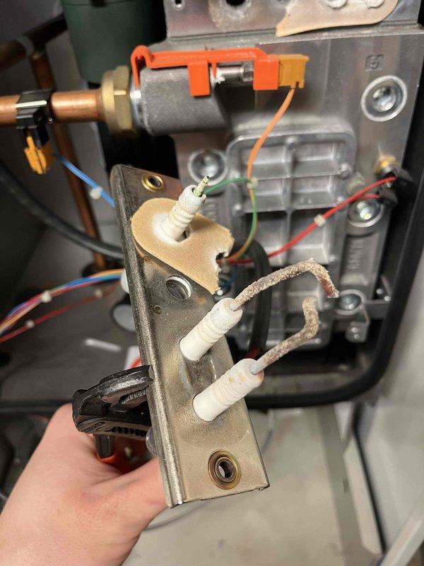 Performed annual inspection on residential boiler system in main house. Found heavily degraded electrode assembly which was replaced. Observed vibration in one zone pump becoming progressively louder; provided customer with estimate for replacement.