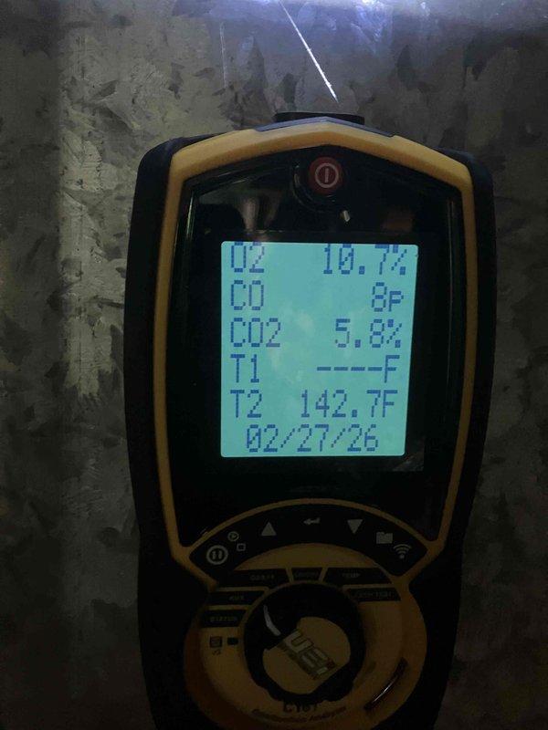 Performed annual maintenance inspection on natural gas furnace. Conducted combustion analysis with readings of O2 (10.7-11.3%), CO (8-24ppm), CO2 (4.0-5.8%), and stack temperature (112.1-142.7°F), confirming unit is operating within acceptable parameters. Provided preventive maintenance recommendations to customer.