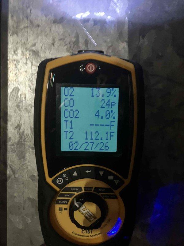 Performed annual maintenance inspection on natural gas furnace. Conducted combustion analysis with readings of O2 (10.7-11.3%), CO (8-24ppm), CO2 (4.0-5.8%), and stack temperature (112.1-142.7°F), confirming unit is operating within acceptable parameters. Provided preventive maintenance recommendations to customer.