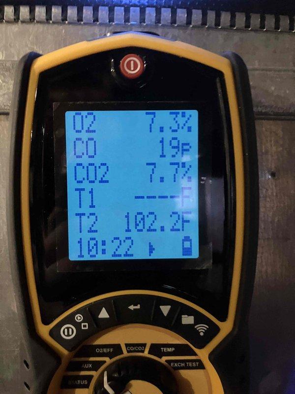 Performed annual preventive maintenance on furnace. Discovered and replaced dirty air filter. Conducted combustion analysis with readings of 7.3% O2, 19 ppm CO, 7.7% CO2, and 102.2°F exhaust temperature to verify proper operation.