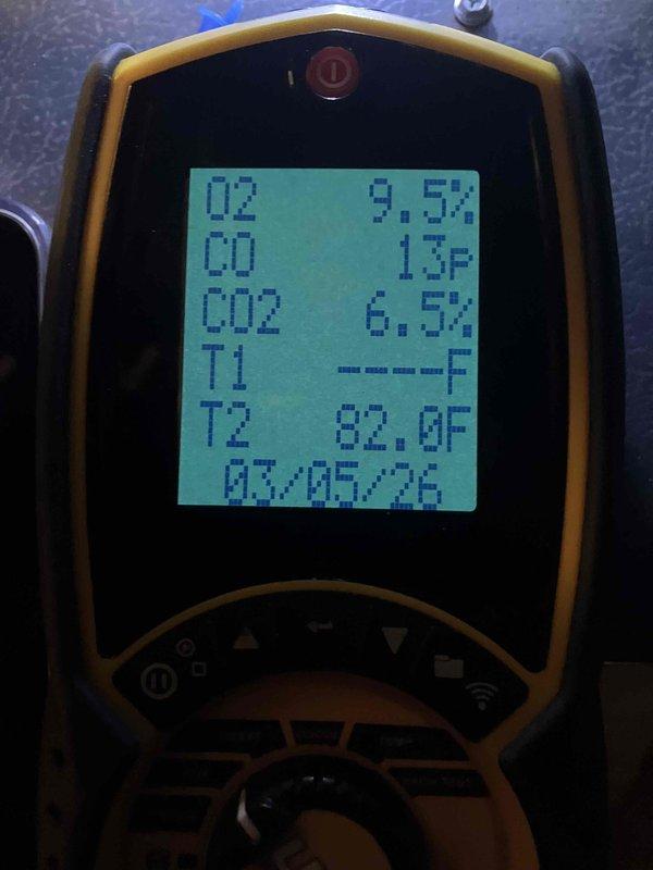 Completed annual preventive maintenance on furnace with key located on hose holder post. Performed combustion analysis with readings of O2: 9.5%, CO: 13p, CO2: 6.5%, exhaust temperature: 82.0°F, and inspected electrical connections. Customer maintains their own filter; provided preventive maintenance recommendations.