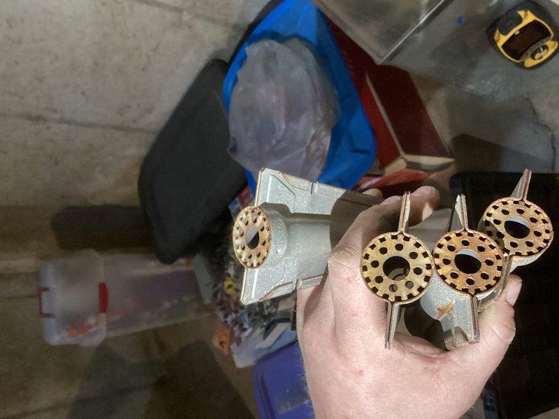 Performed annual preventative maintenance on furnace. Inspected blower assembly which showed signs of wear with rust-colored buildup on the fan blades. Removed and replaced damaged components including mounting brackets and perforated discs to restore proper system operation.