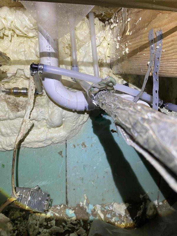 Responded to a recall service for toilet reconnection. Upon inspection, discovered water supply line was disconnected and concealed within spray foam insulation. Successfully located and reconnected the water line, restoring proper water flow to toilet. Verified functionality after completion.