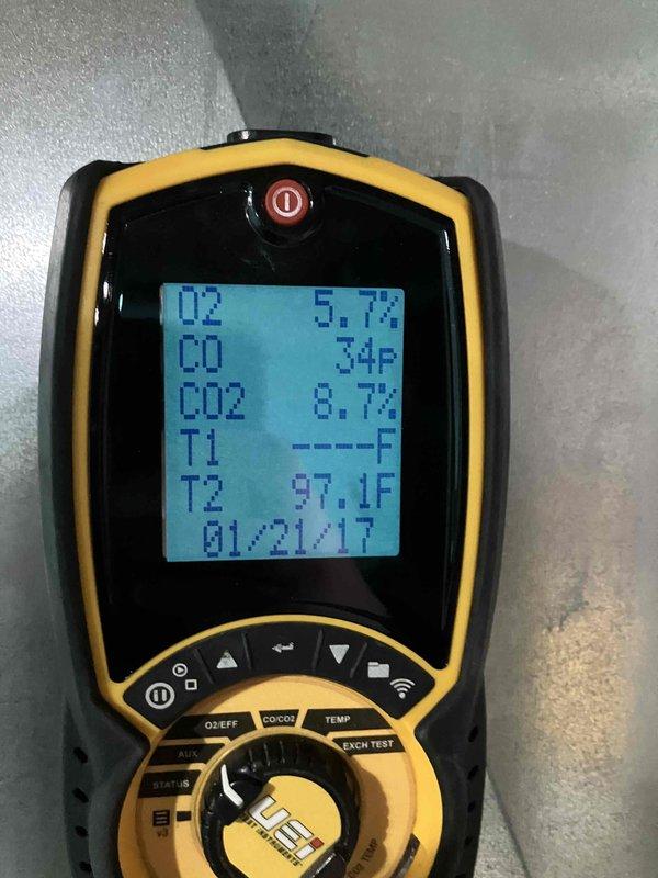 Performed annual furnace inspection and maintenance. Conducted combustion analysis showing O2 at 5.7%, CO at 74 ppm, CO2 at 8.7%, and stack temperature of 97.1°F. Inspected and cleaned blower wheel assembly to ensure proper airflow and system efficiency.
