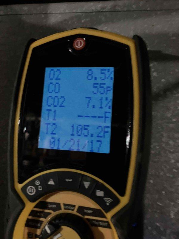 Performed annual maintenance on 20-year-old natural gas furnace, addressing accumulated dirt on blower assembly, flame sensor, and ignitor components. Combustion analysis showed acceptable O2 (8.5%), CO2 (7.1%), and CO (55ppm) levels at 105.2°F operating temperature. Provided customer with preventive maintenance recommendations and system upgrade options due to equipment age.