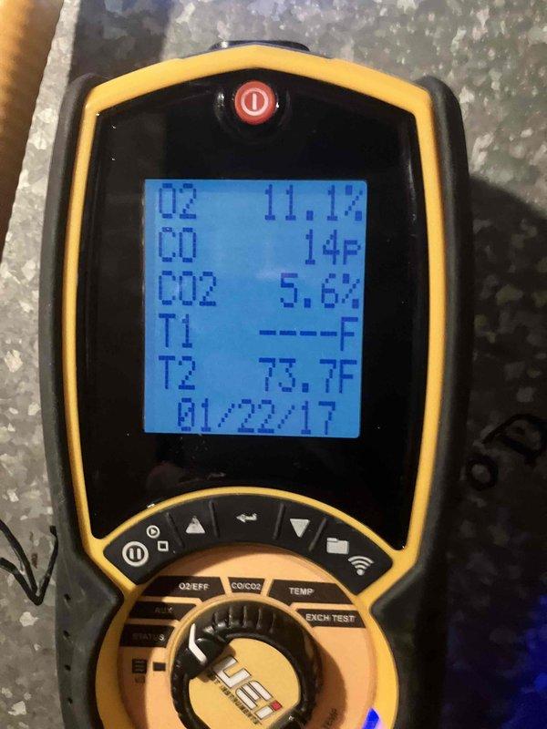Completed annual preventative maintenance on furnace per prepaid maintenance agreement. Performed combustion analysis with readings showing O2 at 11.1%, CO at 14F, CO2 at 5.6%, and system temperature at 73.7F. All components inspected and operating within normal parameters; no issues found.