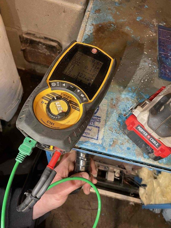 Responded to no heat call for 30-year-old natural gas boiler system. Diagnostic testing with Fieldpiece C161 clamp meter revealed system was nearly empty of water. Customer advised that due to extensive age and condition of the unit, repair options would carry no guarantee; replacement recommended as the most reliable solution.