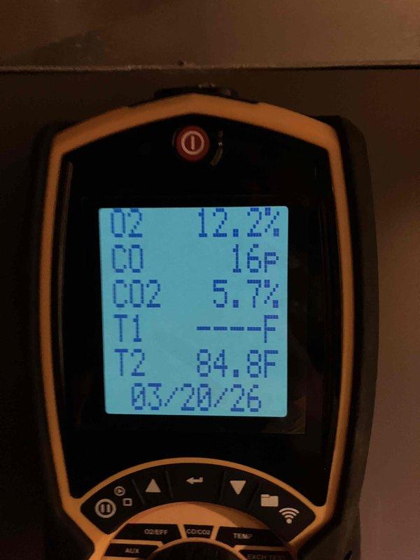 Performed comprehensive annual maintenance on LP furnace as scheduled. Conducted combustion analysis showing acceptable readings (O2: 12.2%, CO: 16P, CO2: 5.7%, stack temperature: 84.8°F) and inspected blower assembly which showed moderate dust accumulation. System is operating within normal parameters; preventative maintenance recommendations provided.