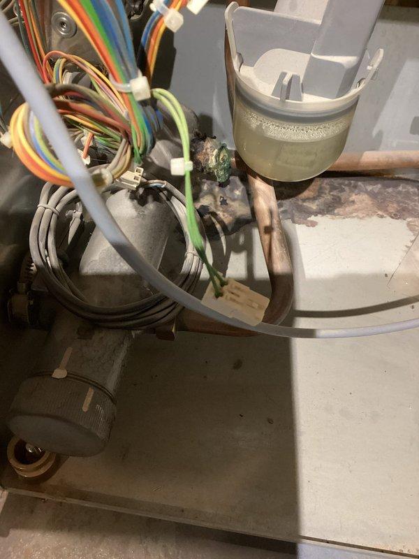 Completed annual heat inspection under Partner Plan maintenance agreement. Identified and documented leaking gaskets and failing electrodes in the HVAC system. Replaced electrode assembly (8715664920), primary wader (8710103646), and return pipe (8716117510), then performed system flush with F3 Cleaner and refilled with 5 gallons of Alpha 11 solution to restore proper operation.