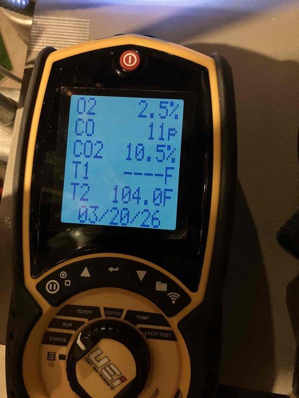 Performed annual boiler inspection and maintenance service. Conducted combustion analysis showing acceptable parameters (O2: 2.5%, CO: 11ppm, CO2: 10.5%, stack temperature: 104.0°F). Inspected gas supply valves and noted minor oxidation on brass fittings that requires monitoring but is currently functioning properly.