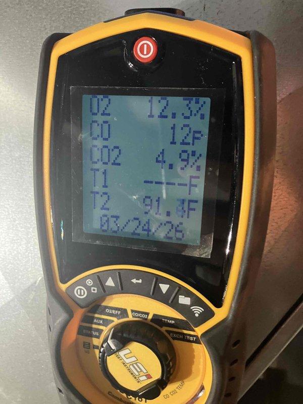 Completed first of two prepaid annual maintenance visits on furnace system. Performed comprehensive inspection and combustion analysis, recording oxygen levels at 12.3% and CO2 at 4.9%. Noted dirty blower wheel assembly and loud inducer motor operation during testing. Documented equipment condition with diagnostic readings and photos of blower assembly showing dust accumulation. Provided estimates for recommended repairs to address noise issue and cleaning requirements.
