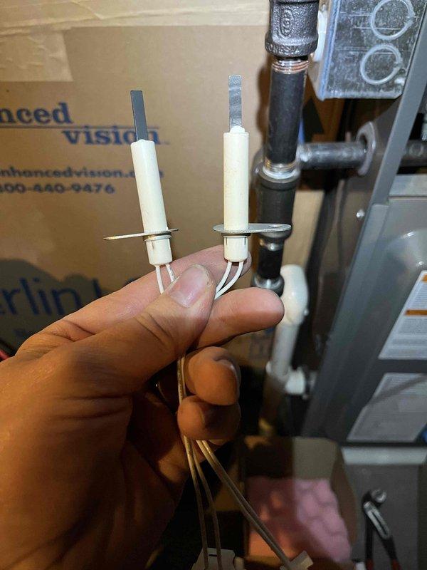 Completed annual heat inspection as part of prepaid maintenance plan. Upon inspection, identified multiple critical components requiring replacement: burner showing signs of corrosion, flame sensor exhibiting dead spots and high resistance points along the shaft, igniter displaying corrosion, and capacitor reading below acceptable levels. Documented all findings with photographs and provided estimates for necessary repairs. Proceeded with replacement of all defective components including flame sensor, igniter, and capacitor to restore system to proper operating condition and ensure safe, efficient heating operation.