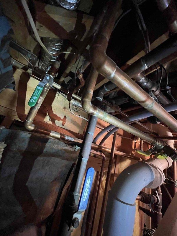 Performed comprehensive inspection of boiler system and identified multiple corroded pipe fittings throughout the installation, likely caused by antifreeze degradation in the heating system. Provided detailed estimates for complete repiping of affected boiler connections and reconnection of drop zone to restore proper system operation. Assisted with troubleshooting wireless connectivity issues on zone control system and documented existing conditions with photographs showing deteriorated brass fittings on copper piping and compromised mechanical connections in utility space.