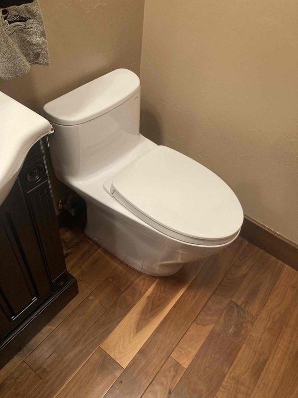 Installed customer-supplied one-piece toilet in bathroom with proper seating, water supply connection, and wax ring seal. Inspected bathtub drain mechanism and addressed operation difficulty to ensure smooth opening and closing functionality. All fixtures tested for proper operation and verified no leaks present upon completion.