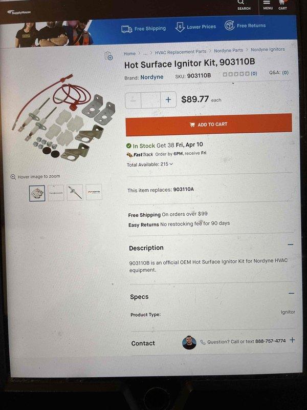 Completed annual maintenance inspection on 13-year-old furnace system. During inspection, identified corroded hot surface ignitor and run capacitor testing below acceptable capacitance levels. Provided customer with replacement estimates for Nordyne Hot Surface Ignitor Kit and top door panel component. Also prepared estimate for duct cleaning services per customer request.