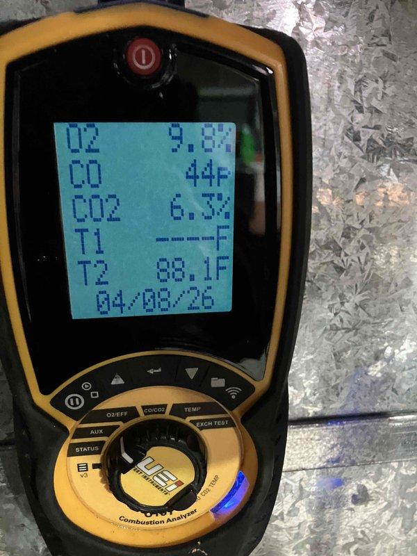 Completed annual preventive maintenance on 15-year-old Furnace system. Performed comprehensive inspection of blower assembly and verified proper operation. Conducted combustion analysis with readings showing O2 at 9.8%, CO2 at 6.3%, and ambient CO levels at 44 ppm, all within acceptable parameters for safe operation.