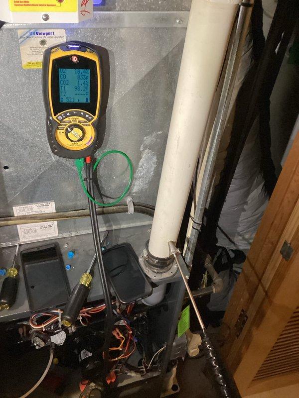 Performed Partner Plan annual heat inspection on 17-year-old furnace system. Conducted comprehensive diagnostic testing using digital multimeter to evaluate system performance and safety parameters. Upon thorough examination, identified failed heat exchanger requiring immediate attention due to safety concerns. Documented equipment condition with detailed photographs showing diagnostic equipment readings, electrical connections, refrigerant lines, and system components. Recommended repair or replacement of heat exchanger to restore safe heating operation.