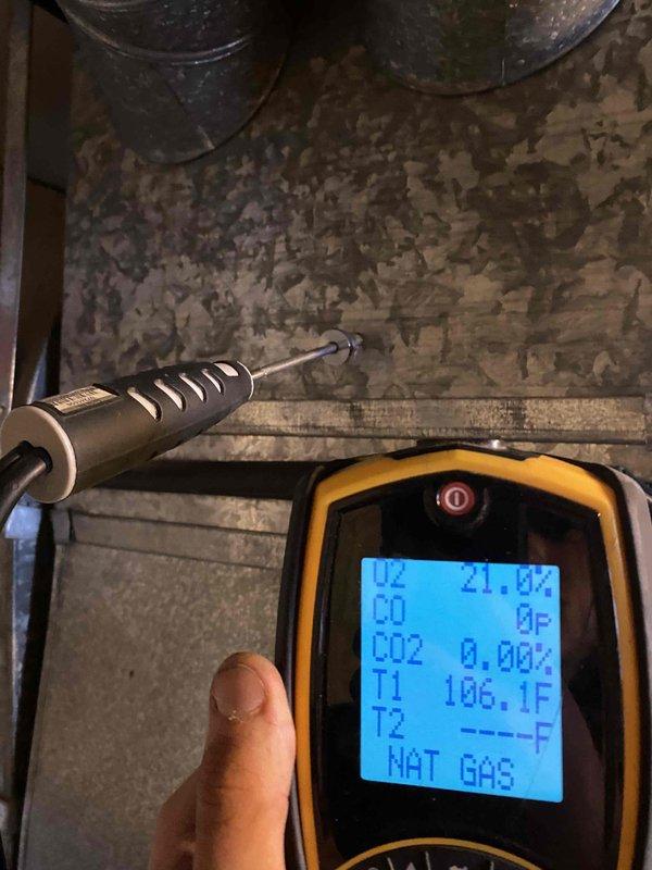 Responded to no heat call on furnace over 10 years old. Upon arrival, diagnosed failed inducer motor preventing unit from operating. Replaced defective inducer assembly with new unit and performed combustion analysis to verify proper operation, confirming oxygen levels at 21.0%, carbon monoxide at 0 ppm, carbon dioxide at acceptable levels, and stack temperature at 106°F on natural gas. System restored to normal heating operation.