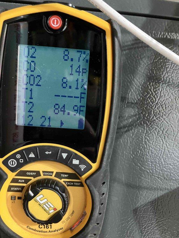Completed annual prepaid maintenance on gas furnace system. Performed comprehensive combustion analysis using diagnostic equipment, recording oxygen levels, temperature readings, and efficiency measurements to verify proper burner operation and system performance. Inspected blower motor assembly and squirrel cage fan, noting normal dust accumulation on blower wheel fins consistent with regular operation. All system components functioning within normal parameters.