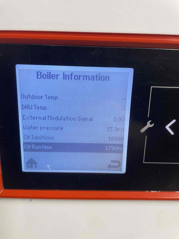 Responded to service call for leaking boiler. Upon inspection, identified active leak at circulator pump flange caused by misaligned piping. Straightened and realigned piping connections to ensure proper fit and seal at pump flange. Verified system water pressure reading at 15.5 psi on boiler display and confirmed proper operating parameters. Leak resolved, system tested and operating normally.