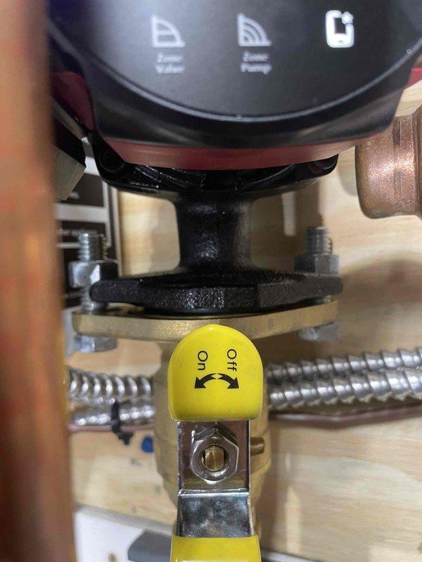 Responded to service call for leaking boiler. Upon inspection, identified active leak at circulator pump flange caused by misaligned piping. Straightened and realigned piping connections to ensure proper fit and seal at pump flange. Verified system water pressure reading at 15.5 psi on boiler display and confirmed proper operating parameters. Leak resolved, system tested and operating normally.