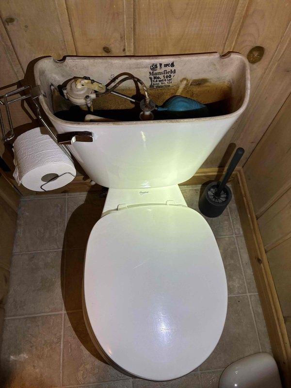 Completed cottage de-winterization service at two-bathroom property. Addressed standing water issue in basement by ensuring sump pump power supply remained active for continued operation. Inspected both toilets and documented their deteriorated condition, including significant rust staining, mineral buildup, and discolored water in tanks, indicating age-related component failure. Provided estimate for toilet replacement due to obsolete internal mechanisms and extensive corrosion.