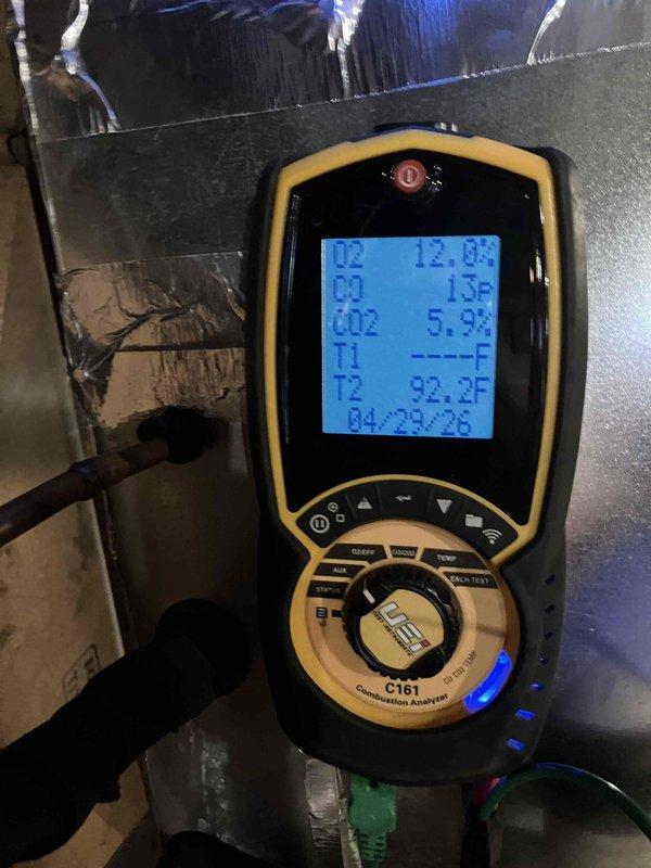 Completed annual heat inspection and preventive maintenance on Goodman FG6RC 060C-12A furnace per Partner Plan agreement. Performed comprehensive system evaluation including combustion analysis with digital analyzer, confirming proper operation with all readings within manufacturer specifications. Verified unit specifications: 60,000 BTUH input, 115V electrical, temperature rise 45-75°F, and manifold pressure settings. All components operating efficiently with no deficiencies noted.