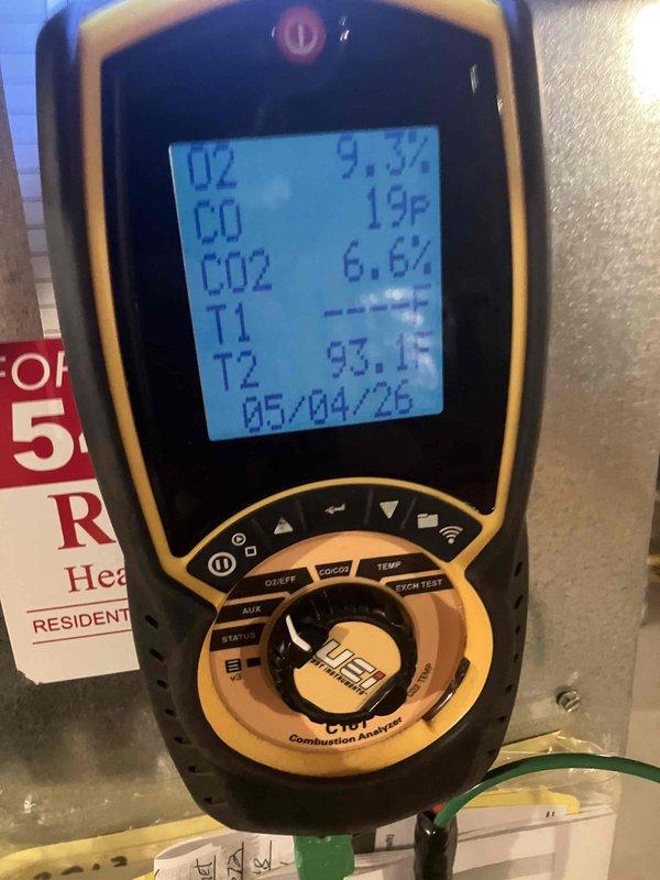 Completed prepaid annual maintenance on furnace #1. Performed combustion analysis testing showing oxygen level at 9.9%, CO2 at 6.6%, and temperature readings within normal parameters. Inspected blower motor assembly, electrical connections, and all system components. No issues found, unit operating properly.