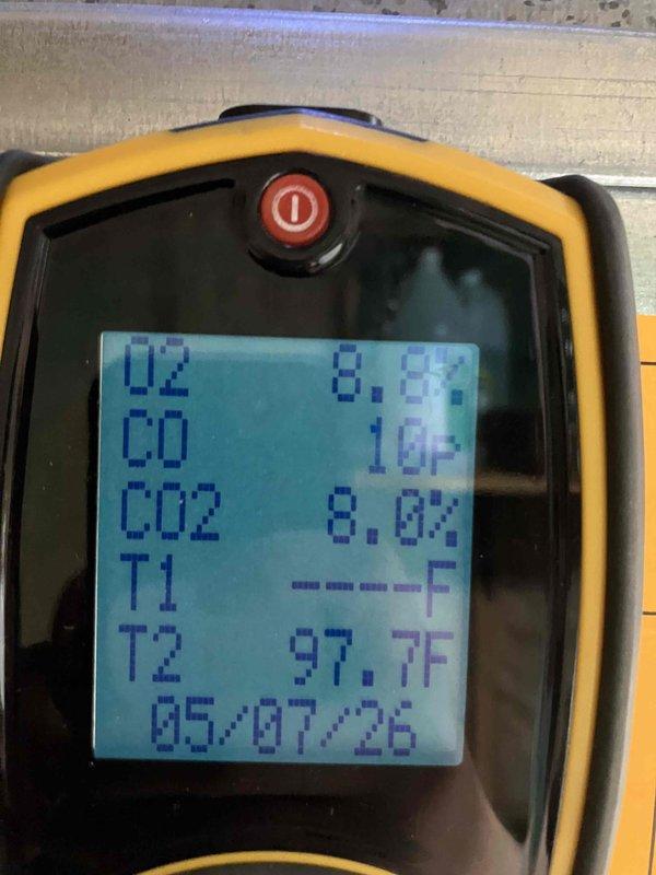 Completed annual heat inspection on furnace as part of prepaid maintenance plan. Performed comprehensive combustion analysis using digital gas analyzer, measuring oxygen levels, carbon monoxide output, carbon dioxide percentages, and flue temperatures to verify safe and efficient operation. All readings were within acceptable parameters, confirming proper combustion and system performance with no deficiencies noted.