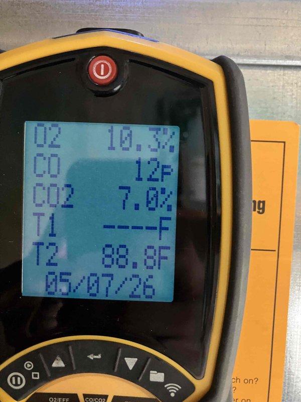 Completed annual heat inspection on furnace as part of prepaid maintenance plan. Performed comprehensive combustion analysis using digital gas analyzer, measuring oxygen levels, carbon monoxide output, carbon dioxide percentages, and flue temperatures to verify safe and efficient operation. All readings were within acceptable parameters, confirming proper combustion and system performance with no deficiencies noted.
