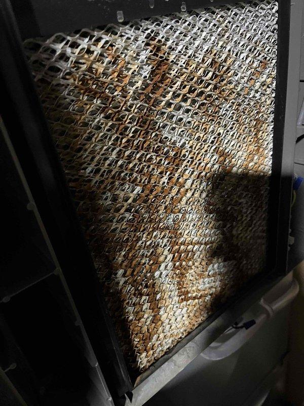Completed Partner Plan annual heat inspection on 2-year-old furnace system. Found and documented heavily soiled air filter with significant dust and debris accumulation, as well as dirty humidifier pad requiring replacement. Provided estimates for necessary maintenance items to restore optimal system performance.