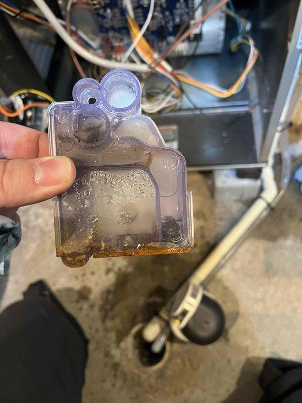 Responded to water leak complaint at furnace location. Upon inspection, discovered damaged gasket at inducer assembly causing water to escape and pool beneath unit. Sealed compromised gasket with RTV sealant to restore proper seal integrity. Removed and cleaned condensate trap, extracting large beetle and accumulated debris that was obstructing proper drainage. Verified condensate pump operation and confirmed all drainage pathways were clear and functioning correctly after repairs.