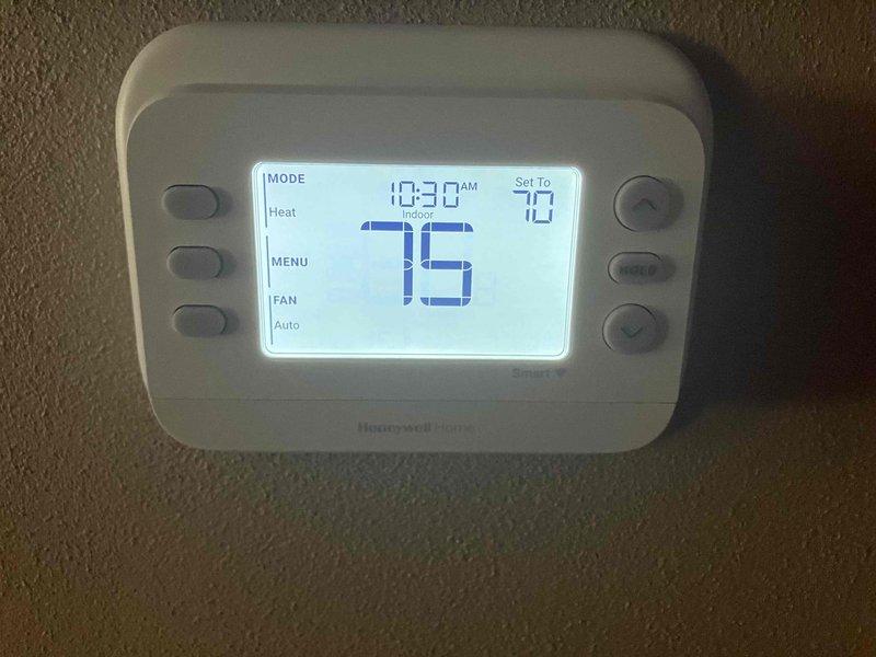 Completed annual preventative maintenance on residential gas furnace system. Found and replaced dirty air filter, inspected blower wheel assembly and verified proper operation, confirmed thermostat functioning correctly and maintaining setpoint of 70 degrees in heating mode with fan set to auto.