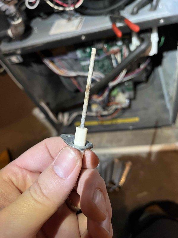 Completed partner plan annual maintenance inspection on furnace. Identified flame sensor with high resistance point and replaced dirty air filter with customer-supplied unit. Provided estimate for flame sensor replacement to address detected issue.