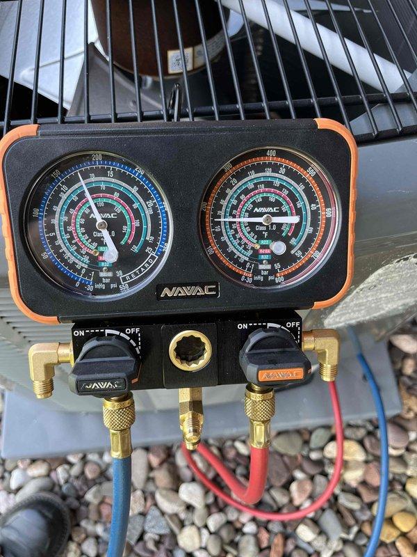 Completed partner plan annual inspection on air conditioning system. Performed comprehensive system evaluation including refrigerant pressure testing using manifold gauges. Capacitor measured below optimal range and contactor showing age-related wear. Provided estimates for recommended component replacements to ensure reliable system operation.